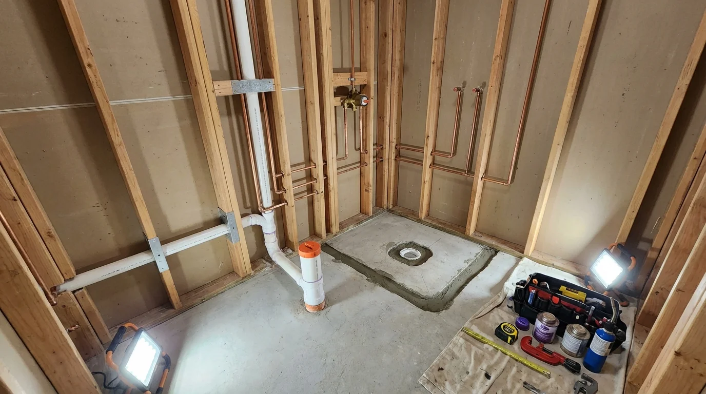 Bathroom rough-in plumbing during remodel by Johns Plumbing LLC in Merrill