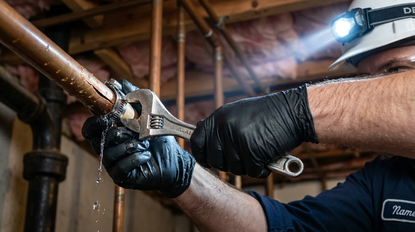 Emergency pipe clamp repair being performed by a Johns Plumbing LLC plumber in Merrill