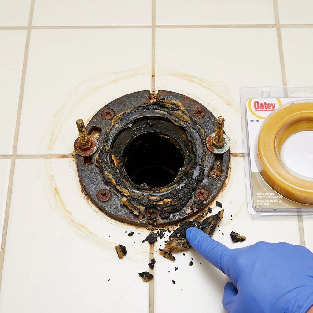 Failed wax ring showing water seepage at the base of a toilet in a Merrill, WI home