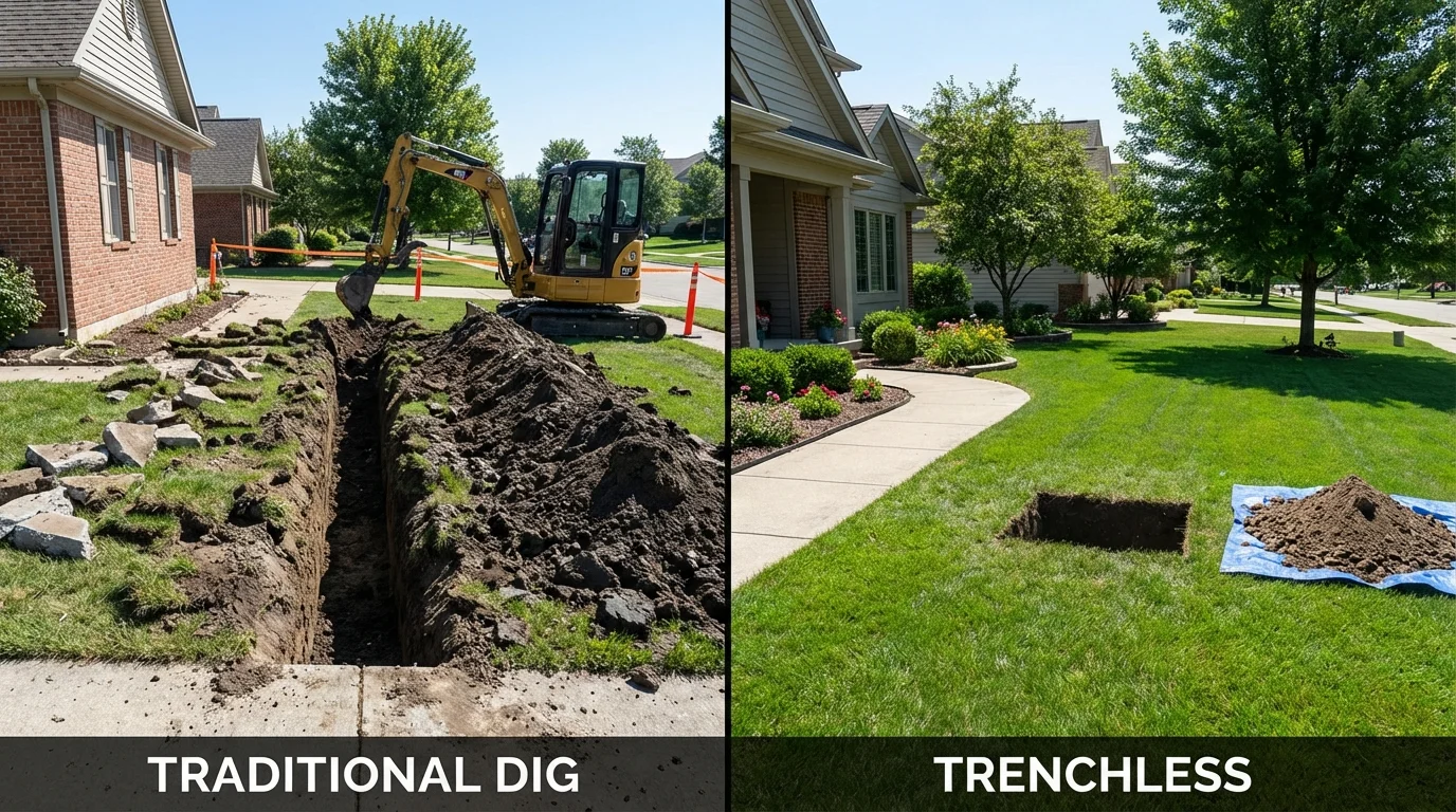Trenchless sewer repair with minimal yard damage versus traditional excavation in Merrill, WI