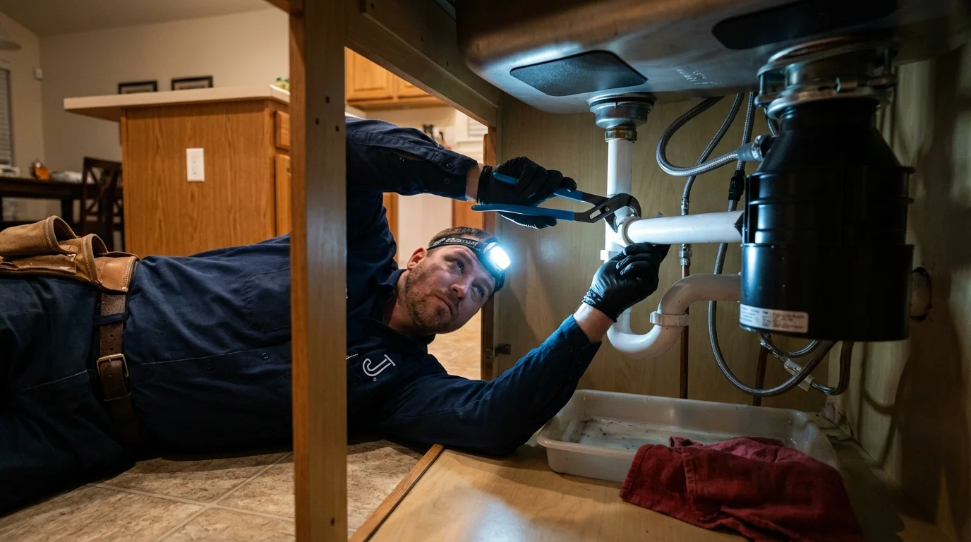 P-trap and supply line connections under a kitchen sink showing a common leak point in Merrill, WI